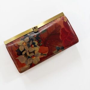 Patricia Nash Cauchy Frame Clutch Wallet Brown Floral Brass Bi Fold